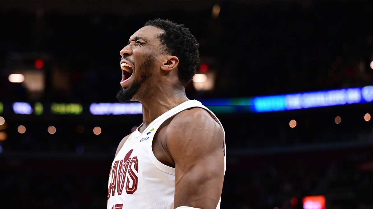 Cleveland Cavaliers guard Donovan Mitchell (45) reacts after a play during the second half against the Sacramento Kings at Rocket Arena.