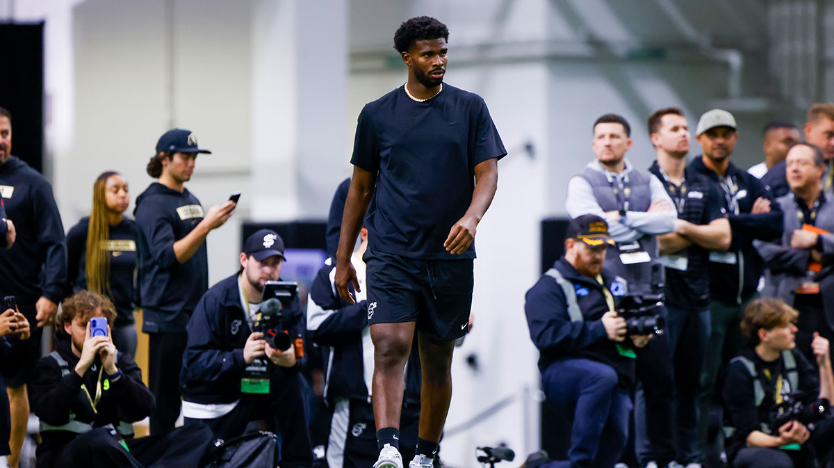 Colorado Buffaloes quarterback Shedeur Sanders (2) runs drills at the University of Colorado NFL Showcase at the CU Indoor Practice Facility.