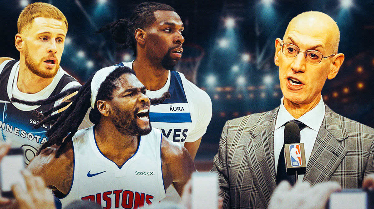 Adam Silver with Timberwolves' Naz Reid & Donte DiVincenzo, Pistons' Isaiah Stewart