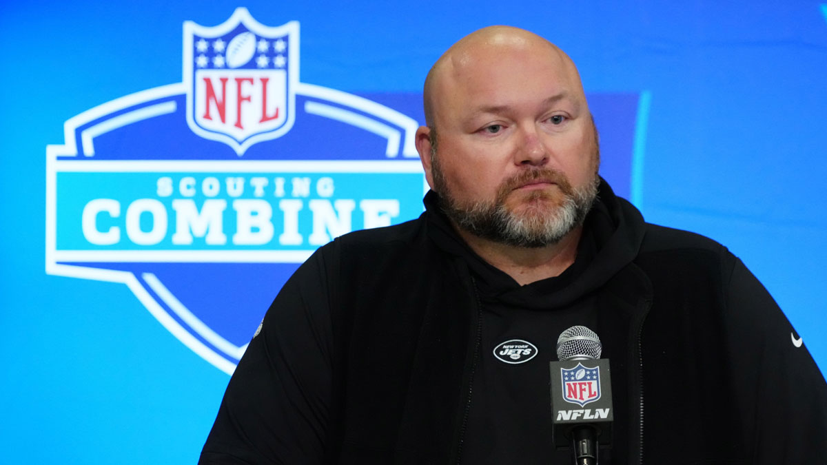 New York Jets general manager Joe Douglas speaks at a press conference at the NFL Scouting Combine at Indiana Convention Center.