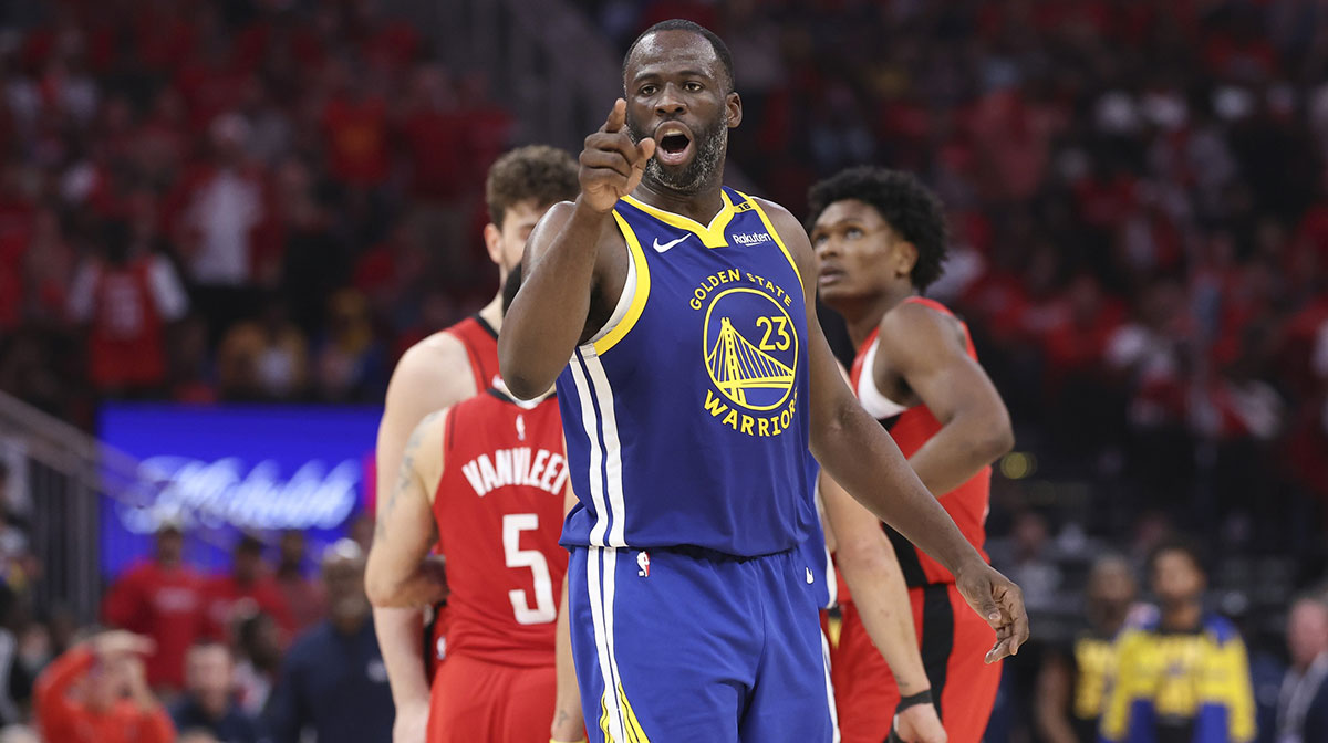 Golden State Warriors forward Draymond Green (23) reacts after a call during the fourth quarter during game two of the first round for the 2024 NBA Playoffs against the Houston Rockets at Toyota Center.