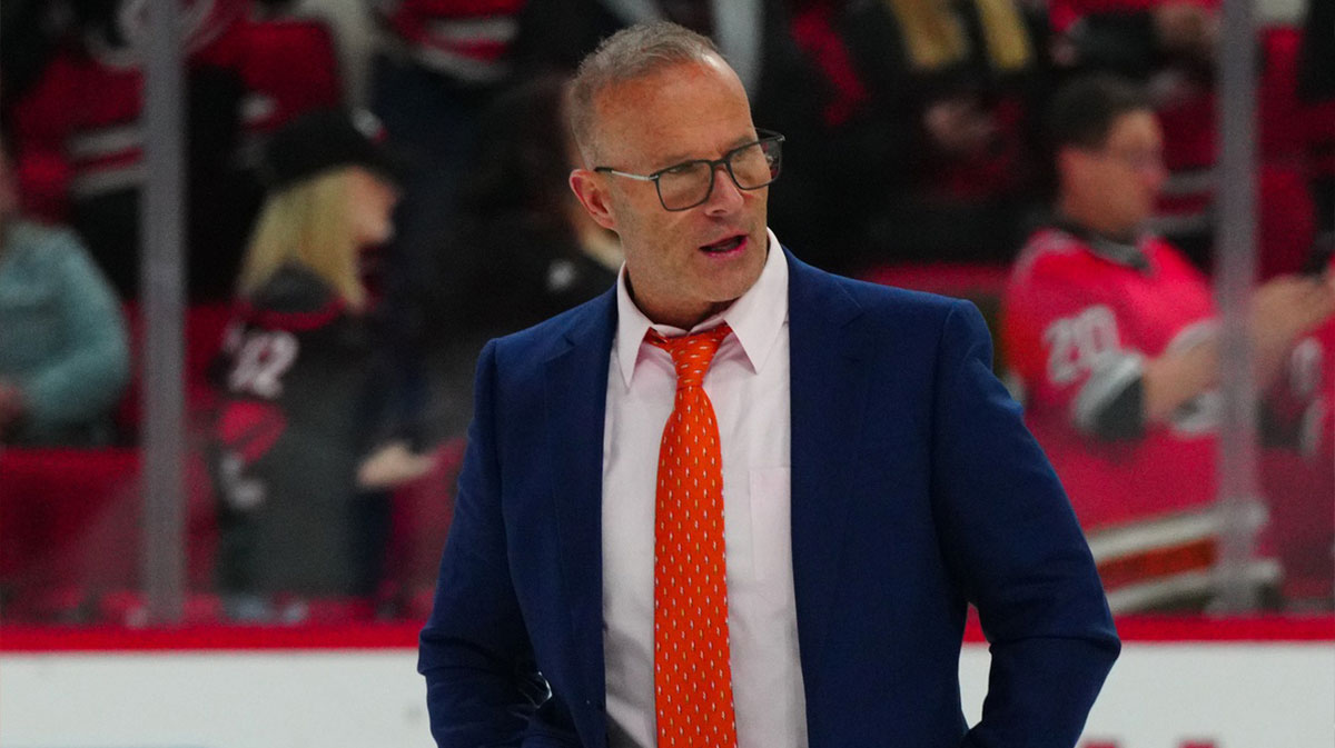Anaheim Ducks head coach Greg Cronin walks off the ice after the Ducks loss to the Carolina Hurricanes at PNC Arena.