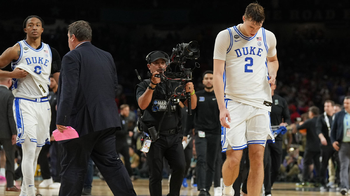 Duke Blue Devils forward Cooper Flagg (2) reacts after losing to the Houston Cougars in the semifinals of the men's Final Four of the 2025 NCAA Tournament at the Alamodome.