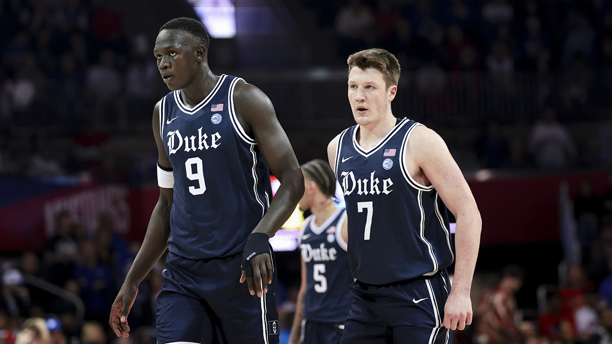 Duke Blue Devils guard Kon Knueppel (7) and Duke Blue Devils center Khaman Maluach (9) during the first half against the Southern Methodist Mustangs at Moody Coliseum who could be Spurs prospects in the 2025 NBA Draft.