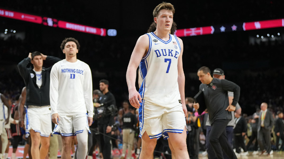 Duke Blue Devils guard Kon Knueppel (7) walks off the court after losing to the Houston Cougars in the semifinals of the men's Final Four of the 2025 NCAA Tournament at the Alamodome.