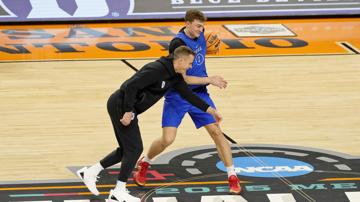 Duke Blue Devils basketball head coach Jon Scheyer and guard Cooper Flagg (2) during a practice session for the Final Four of the 2025 NCAA tournament at Alamodome.