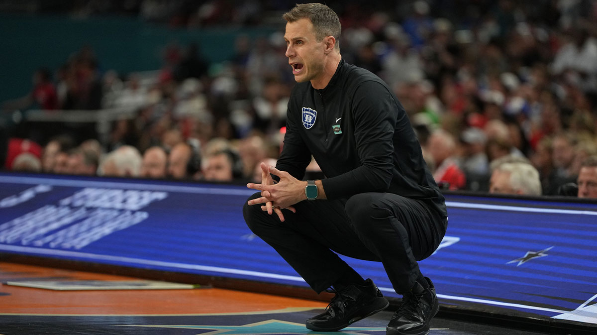Duke Blue Devils head coach Jon Scheyer looks on during the second half in the semifinals of the men's Final Four of the 2025 NCAA Tournament at the Alamodome.