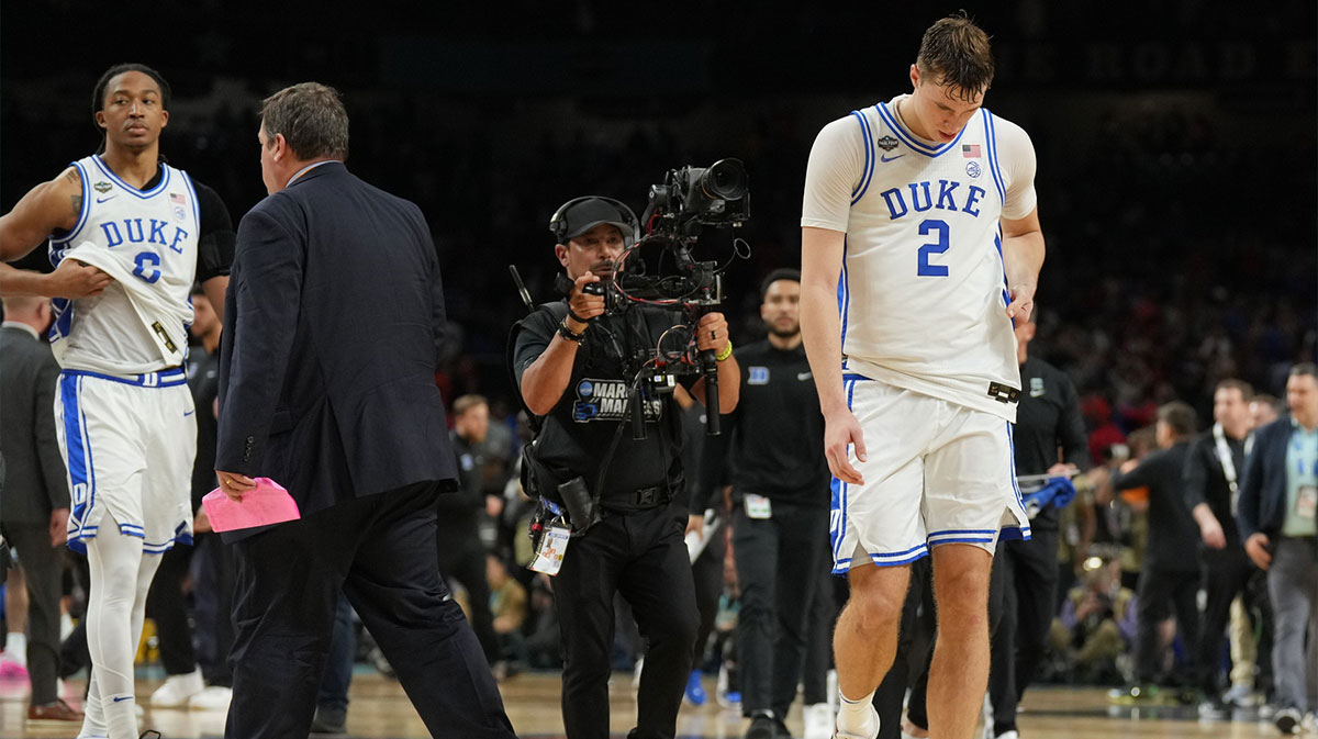Duke Blue Devils forward Cooper Flagg (2) reacts after losing to the Houston Cougars in the semifinals of the men's Final Four of the 2025 NCAA Tournament at the Alamodome.