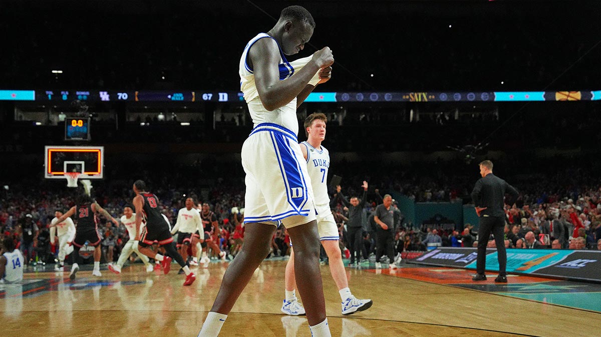 Duke Blue Devils center Khaman Maluach (9) reacts after their loss to the Houston Cougars in the semifinals of the men's Final Four of the 2025 NCAA Tournament at the Alamodome.