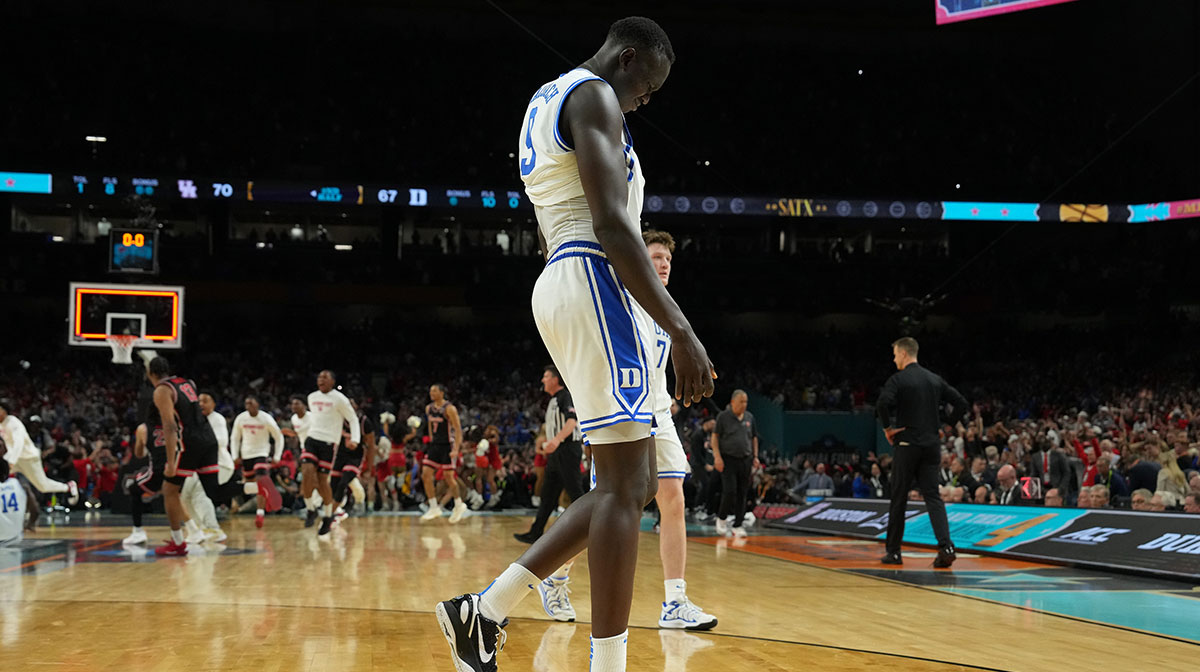Duke Blue Devils center Khaman Maluach (9) reacts after their loss to the Houston Cougars in the semifinals of the men's Final Four of the 2025 NCAA Tournament at the Alamodome.