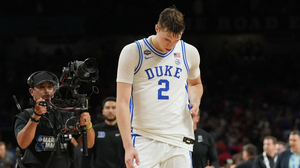 Duke Blue Devils forward Cooper Flagg (2) reacts after losing to the Houston Cougars in the semifinals of the men's Final Four of the 2025 NCAA Tournament at the Alamodome.