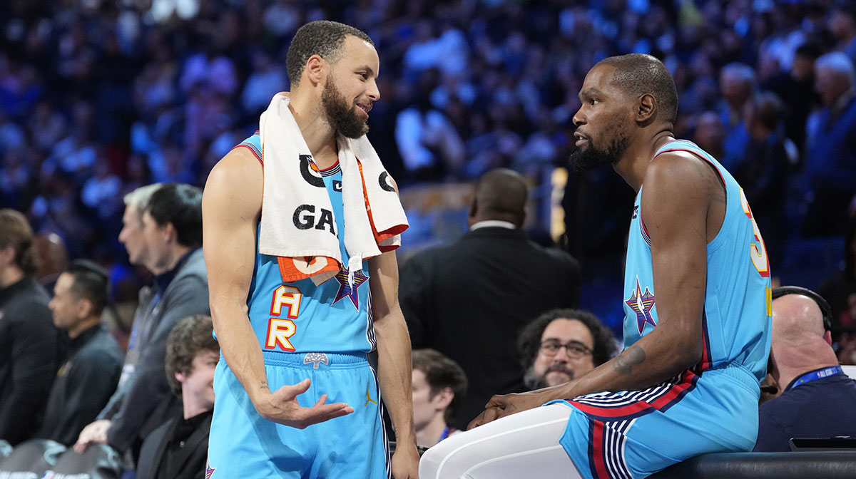 Shaq’s OGs guard Stephen Curry (30) of the Golden State Warriors and forward Kevin Durant (35) of the Phoenix Suns look on in the game against Chuck’s Global Stars during the 2025 NBA All Star Game at Chase Center