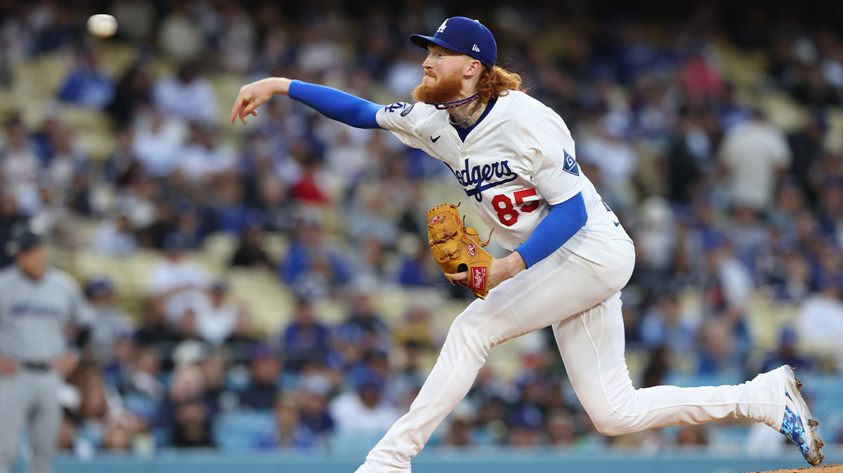 Los Angeles Dodgers pitcher Dustin May (85) pitches in the first inning against the Miami Marlins during the first inning at Dodger Stadium.