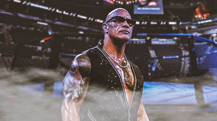 The Smashing Machine, which just got a release date from A24, star Dwayne Johnson with UFC Octagon background.