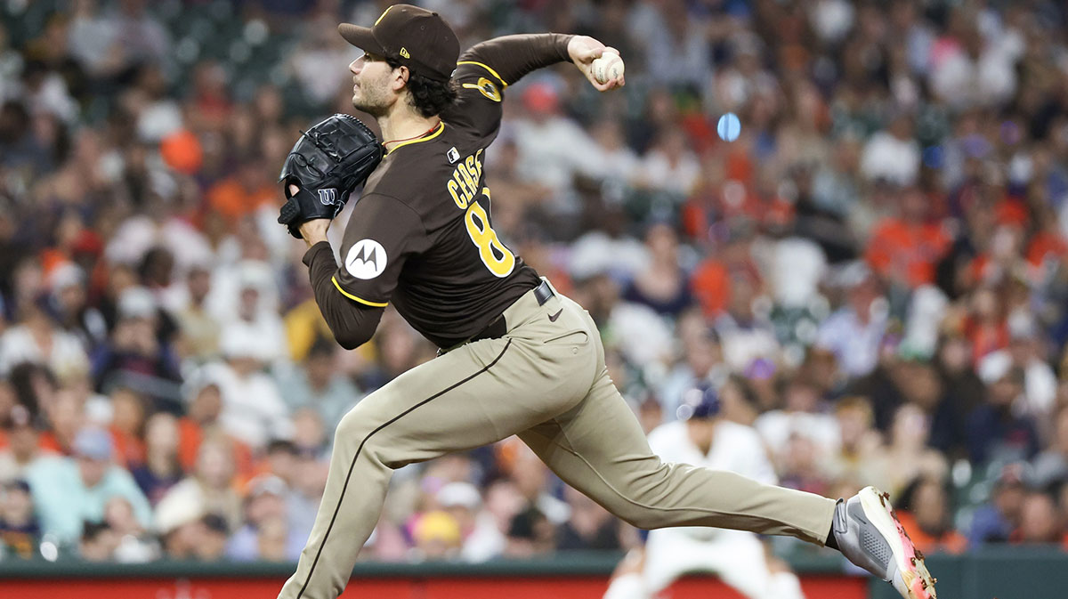 San Diego Padres starting pitcher Dylan Cease (84) pitches against the Houston Astros in the first inning at Daikin Park