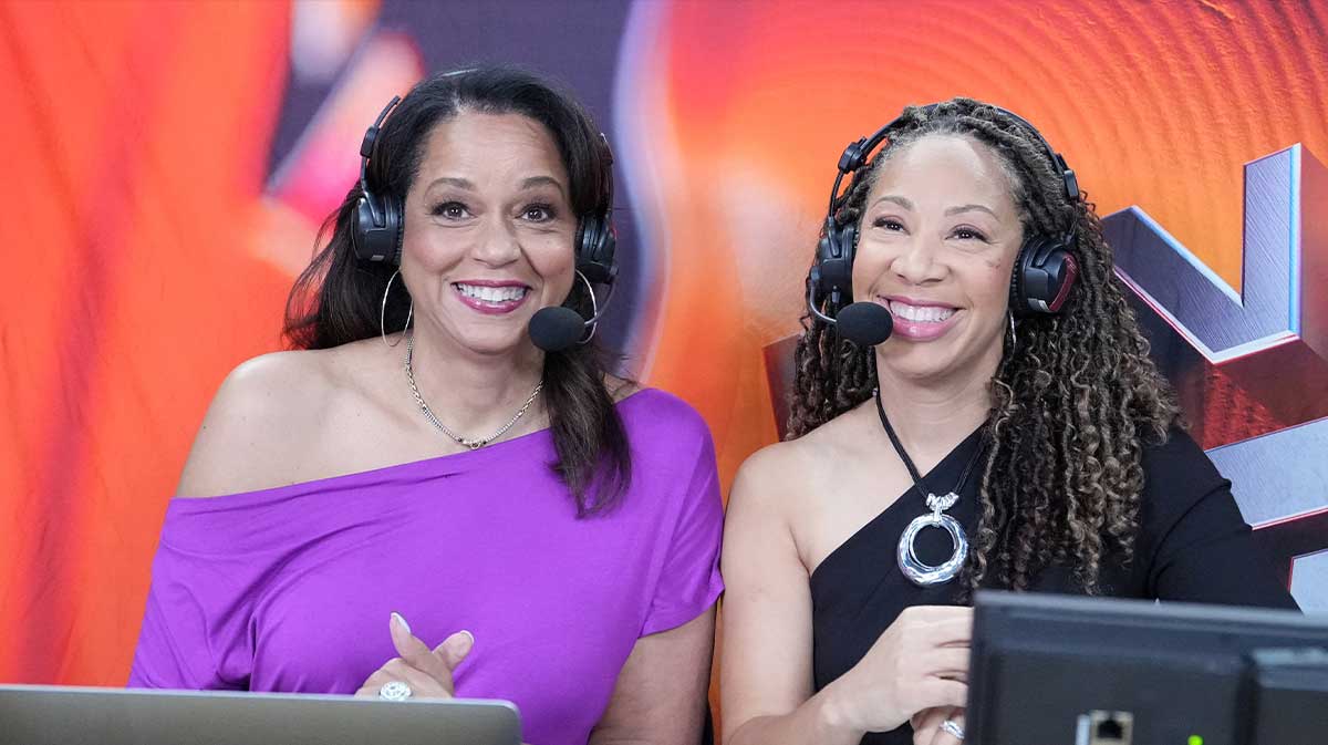 Aug 15, 2024; Los Angeles, California, USA; ESPN play-by-play commentator Tiffany Greene (left) and analyst Carolyn Peck during the game between the LA Sparks and the New York Liberty at the Crypto.com Arena. Mandatory Credit: Kirby Lee-Imagn Images