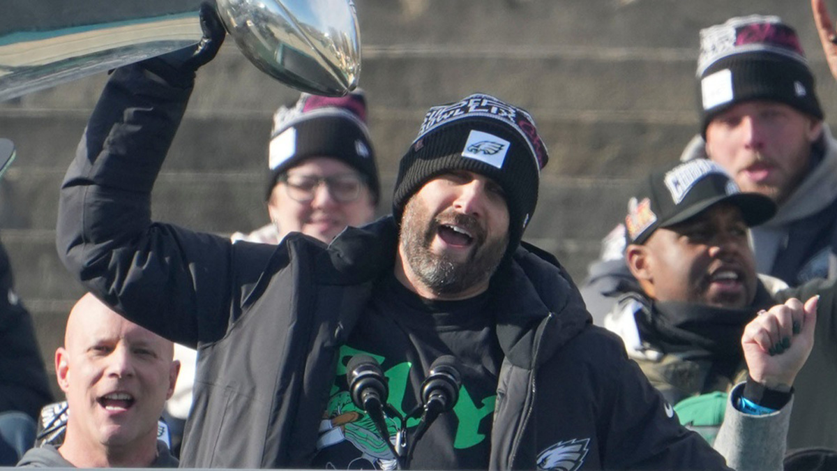 Eagles head coach Nick Sirianni holds up the Vince Lombardi trophy during the Philadelphia Eagles Super Bowl celebration in front of the Philadelphia Museum of Art, Friday, Feb. 14, 2025.