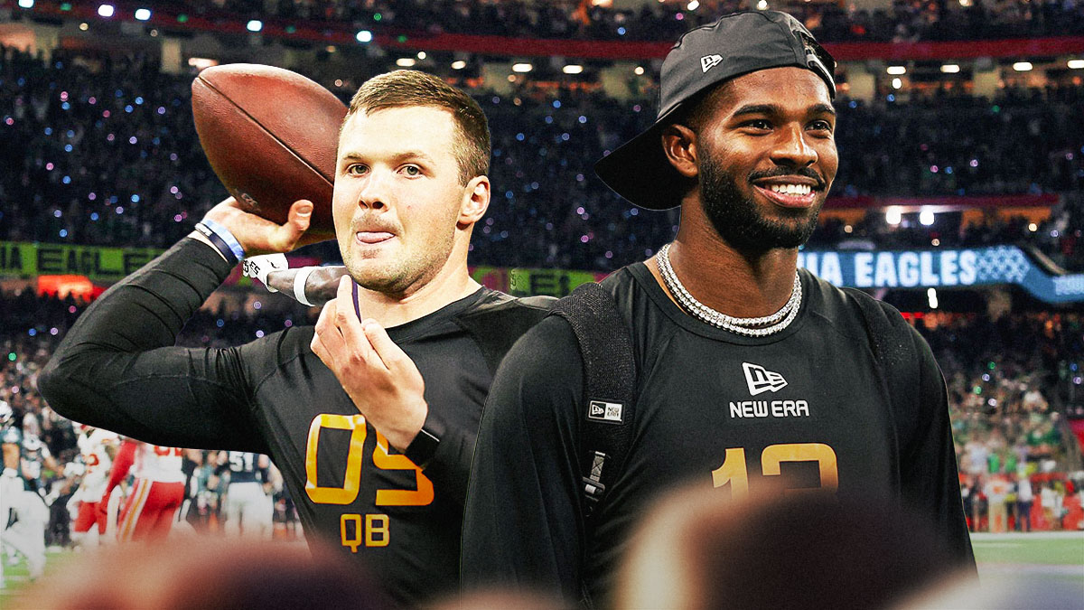 Shedeur Sanders next to Kyle McCord in front of the Eagles stadium.