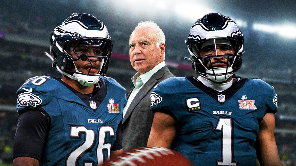 Saquon Barkley, Jalen Hurts, and Jeffrey Lurie in front of the Eagles stadium.