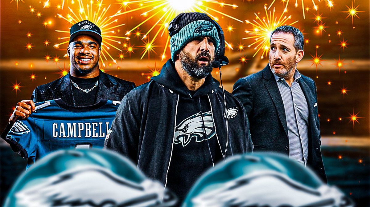 Coach Nick Sirianni, GM Howie Roseman, Jihaad Campbell beside each other, Philadelphia Eagles wallpaper and fireworks in the background