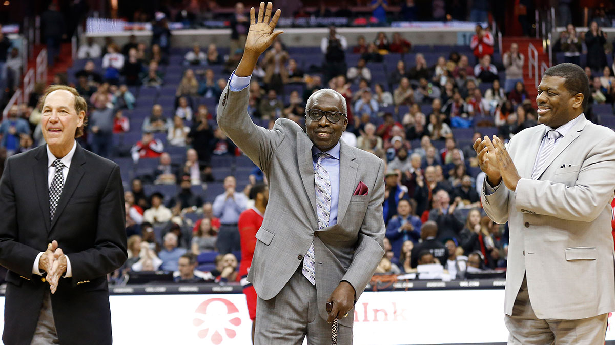 Former Washington Bullets/Wizards greats Terry Discharger, Earl "The Pearl" Monroe, and Bernard King are honored during a timeout on 'throwback night"