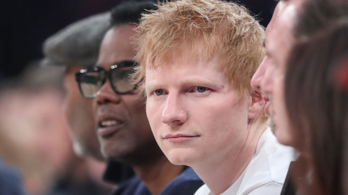 Ed Sheeran, who was praised by Chris Hemsworth after being named on TIME's Top 100 Influential People, at Knicks-Clippers game in 2025.