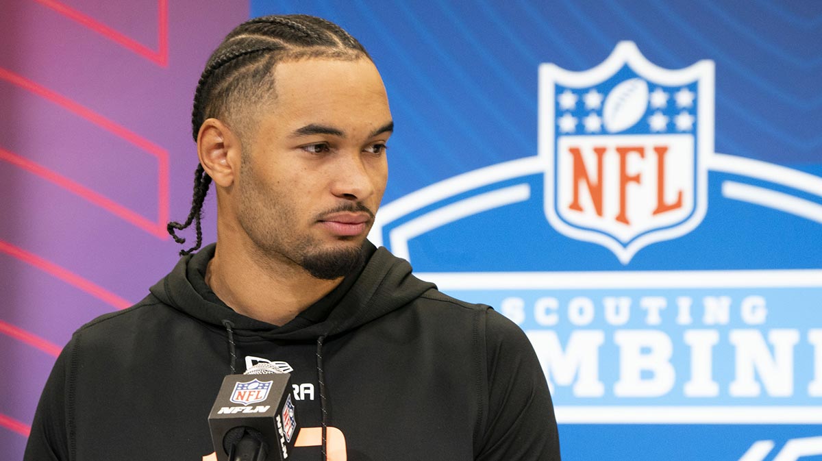 Ohio State wideout Emeka Egbuka (WO12) speaks during a press conference during the 2025 NFL Combine at Indiana Convention Center.
