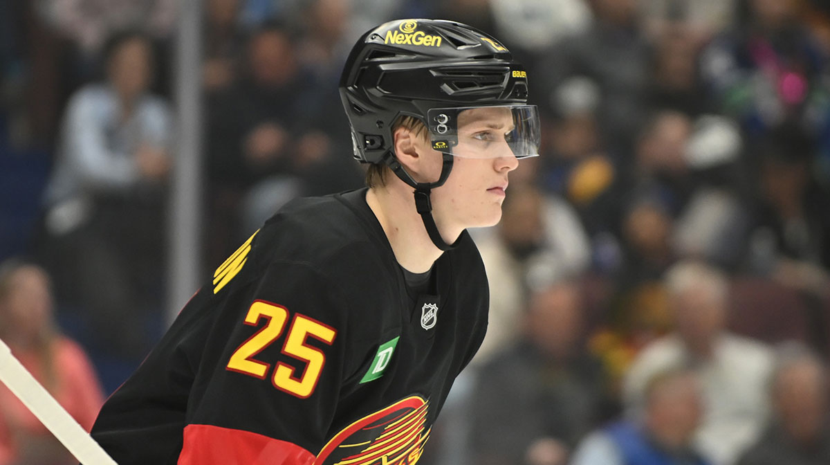 Vancouver Canucks defenseman Elias Pettersson (25) skates between play during the first period against the Anaheim Ducks at Rogers Arena.