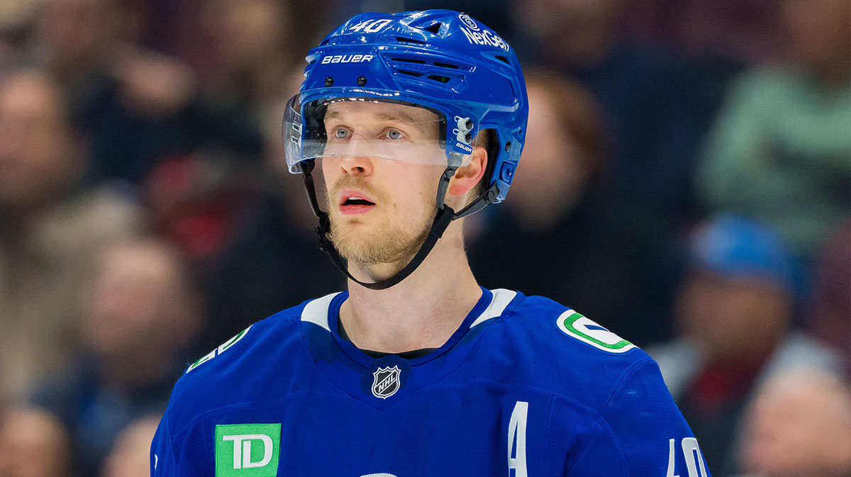 Vancouver Canucks forward Elias Pettersson (40) during a stop in play against Utah Hockey Club in the third period at Rogers Arena.