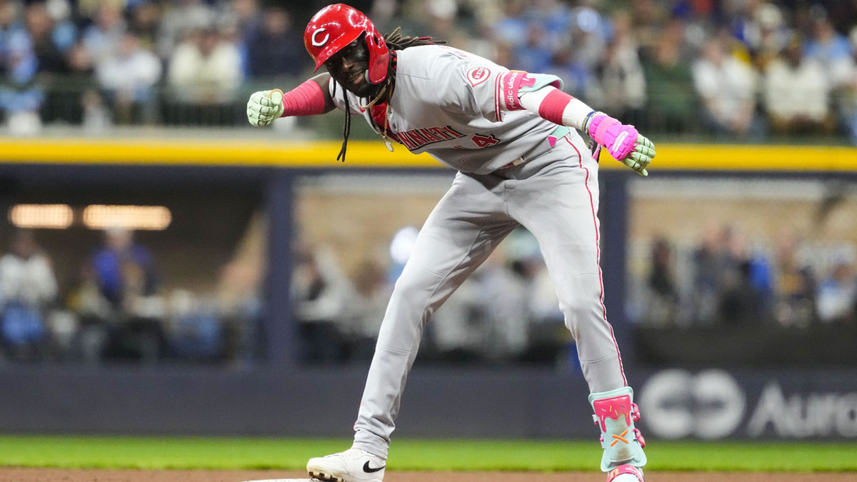 Cincinnati Reds shortstop Elly De La Cruz (44) celebrates at second base after hitting an RBI single during the seventh inning against the Milwaukee Brewers at American Family Field.