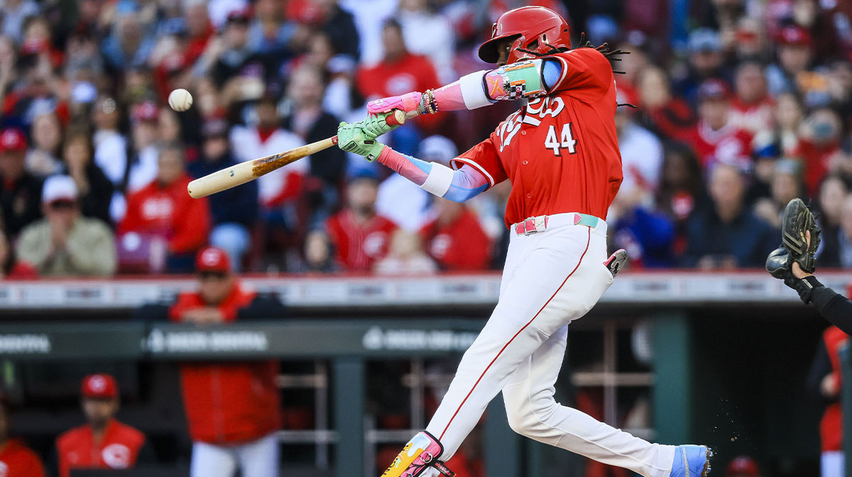 Apr 12, 2025; Cincinnati, Ohio, USA; Cincinnati Reds shortstop Elly De La Cruz (44) hits a grand slam in the third inning against the Pittsburgh Pirates at Great American Ball Park.