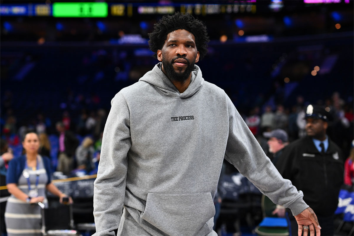 Philadelphia 76ers center Joel Embiid looks on after the game against the Indiana Pacers at Wells Fargo Center