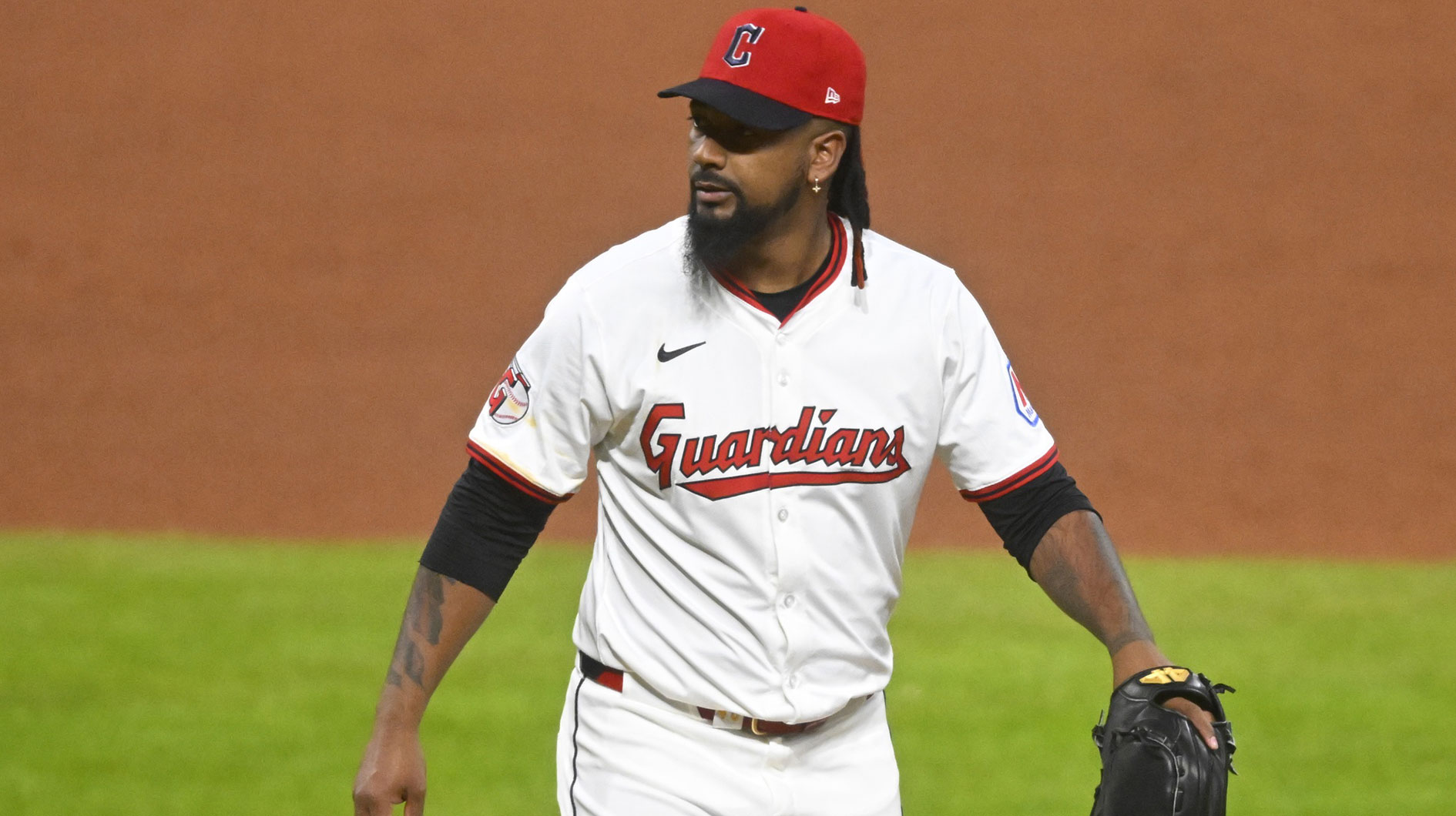 Cleveland Guardians relief pitcher Emmanuel Clase (48) reacts after giving up a hit in the ninth inning against the Kansas City Royals at Progressive Field.
