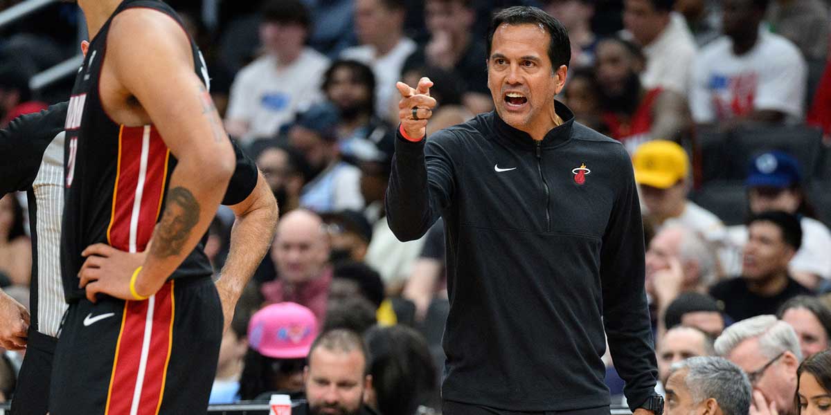 Miami Heat head coach Erik Spoelstra reacts during the third quarter against the Washington Wizards at Capital One Arena.