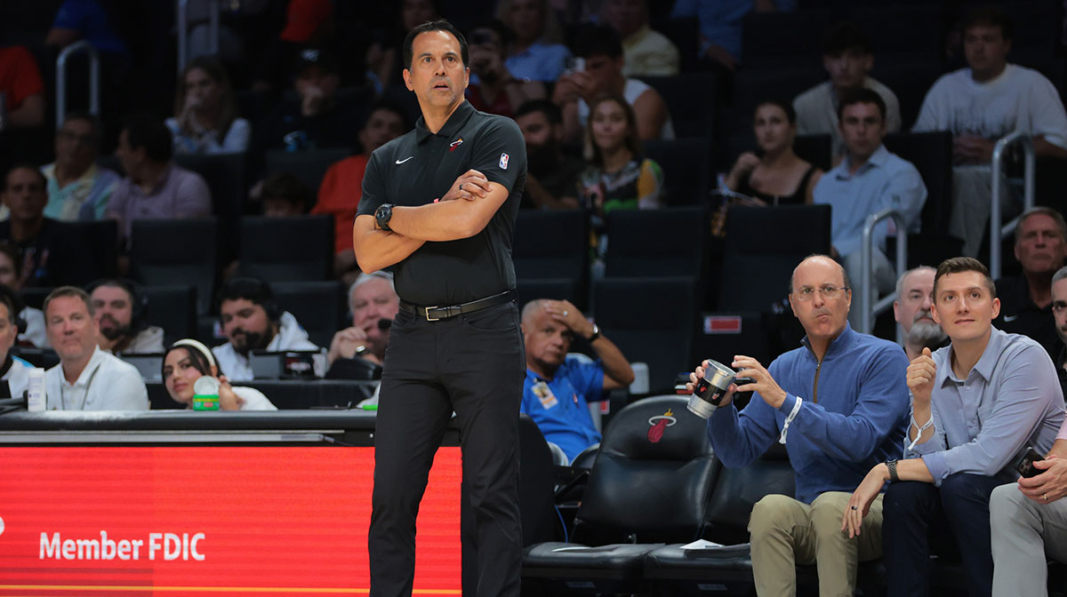 Miami Heat head coach Erik Spoelstra watches from the sideline against the Philadelphia 76ers during the fourth quarter at Kaseya Center.