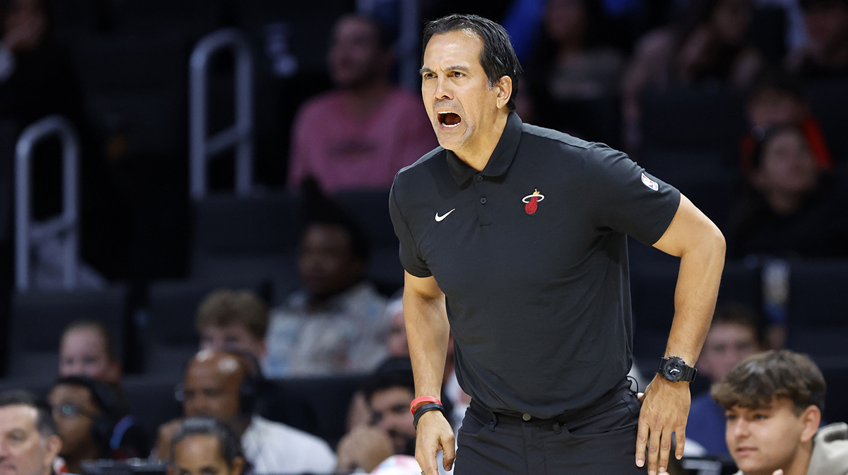 Miami Heat head coach Erik Spoelstra reacts against the Washington Wizards during the second half at Kaseya Center.