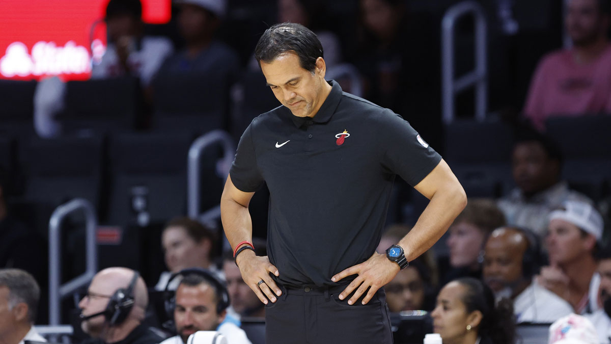 Miami Heat head coach Erik Spoelstra reacts against the Washington Wizards during the second half at Kaseya Center.