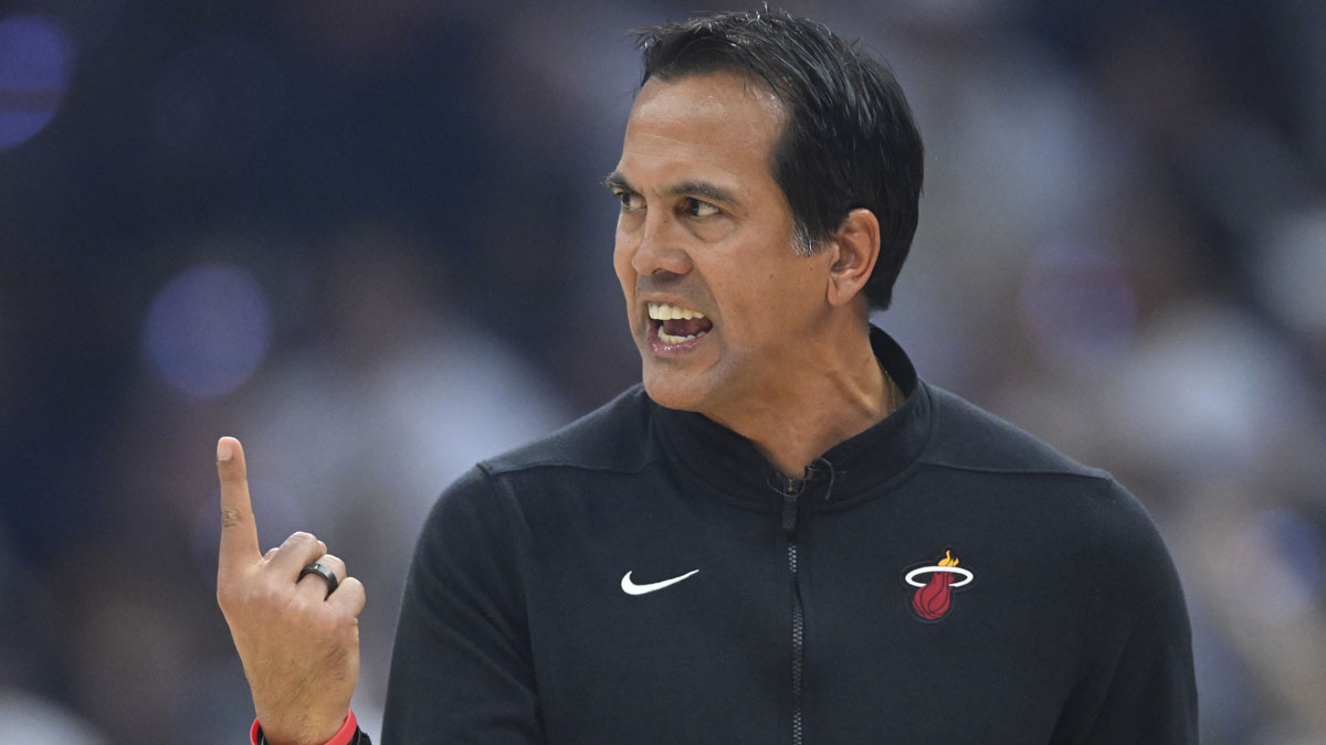 Miami Heat head coach Erik Spoelstra reacts in the first quarter of game two of the first round of the 2025 NBA Playoffs against the Cleveland Cavaliers at Rocket Arena.