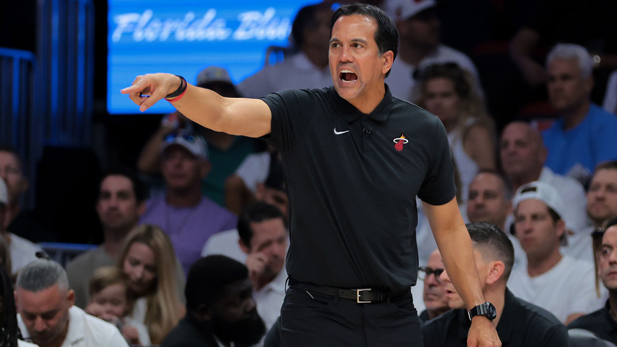 Miami Heat head coach Erik Spoelstra signals from the sideline against the Cleveland Cavaliers in the third quarter during game three for the first round of the 2025 NBA Playoffs at Kaseya Center.