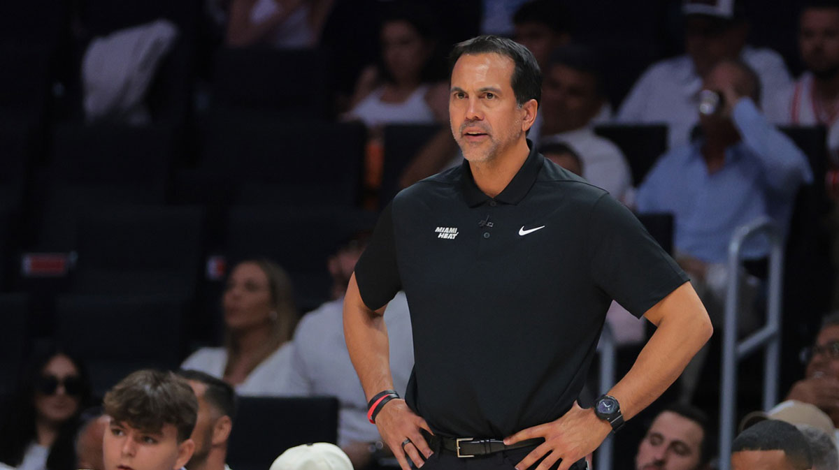 Miami Heat head coach Erik Spoelstra looks on from the sideline against the Cleveland Cavaliers in the second quarter during game four for the first round of the 2025 NBA Playoffs at Kaseya Center.