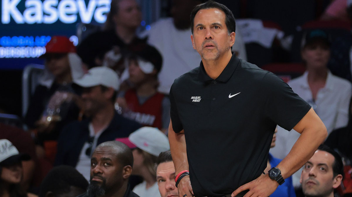 Miami Heat head coach Erik Spoelstra looks on from the sideline against the Cleveland Cavaliers in the fourth quarter during game four for the first round of the 2025 NBA Playoffs at Kaseya Center.