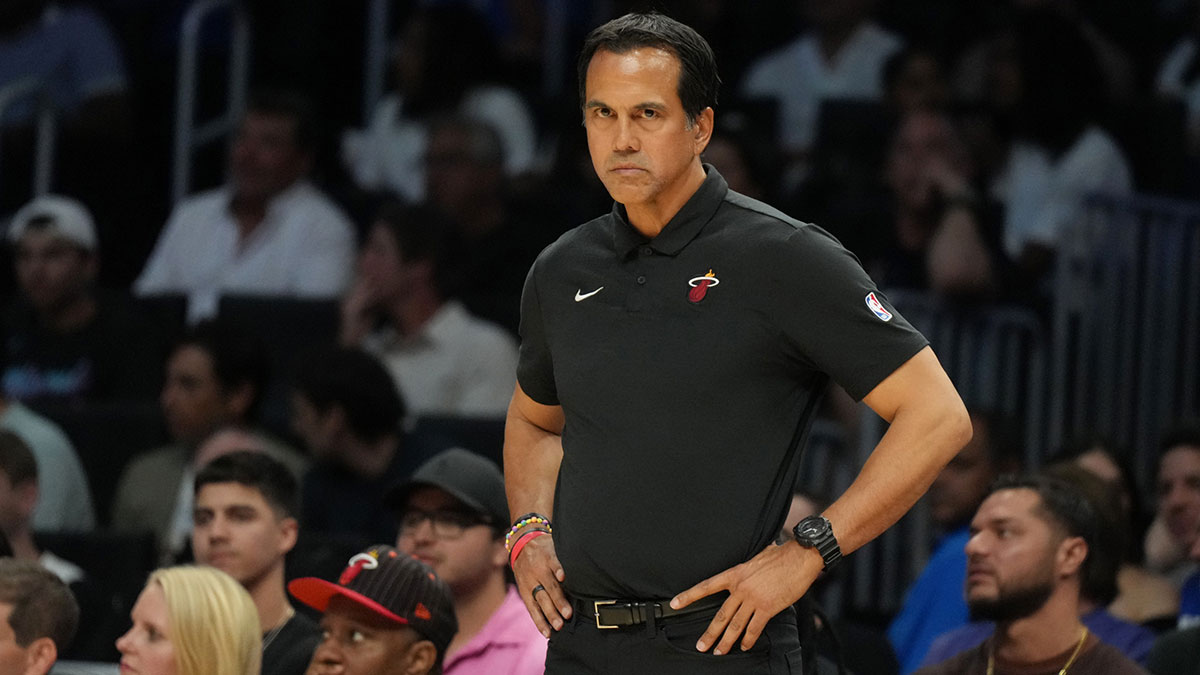 Miami Heat head coach Erik Spoelstra watches his team against the Milwaukee Bucks during the second half at Kaseya Center.