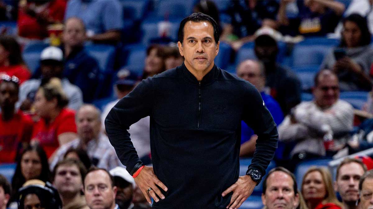 Miami Heat head coach Erik Spoelstra looks on against the New Orleans Pelicans during the first half at Smoothie King Center.