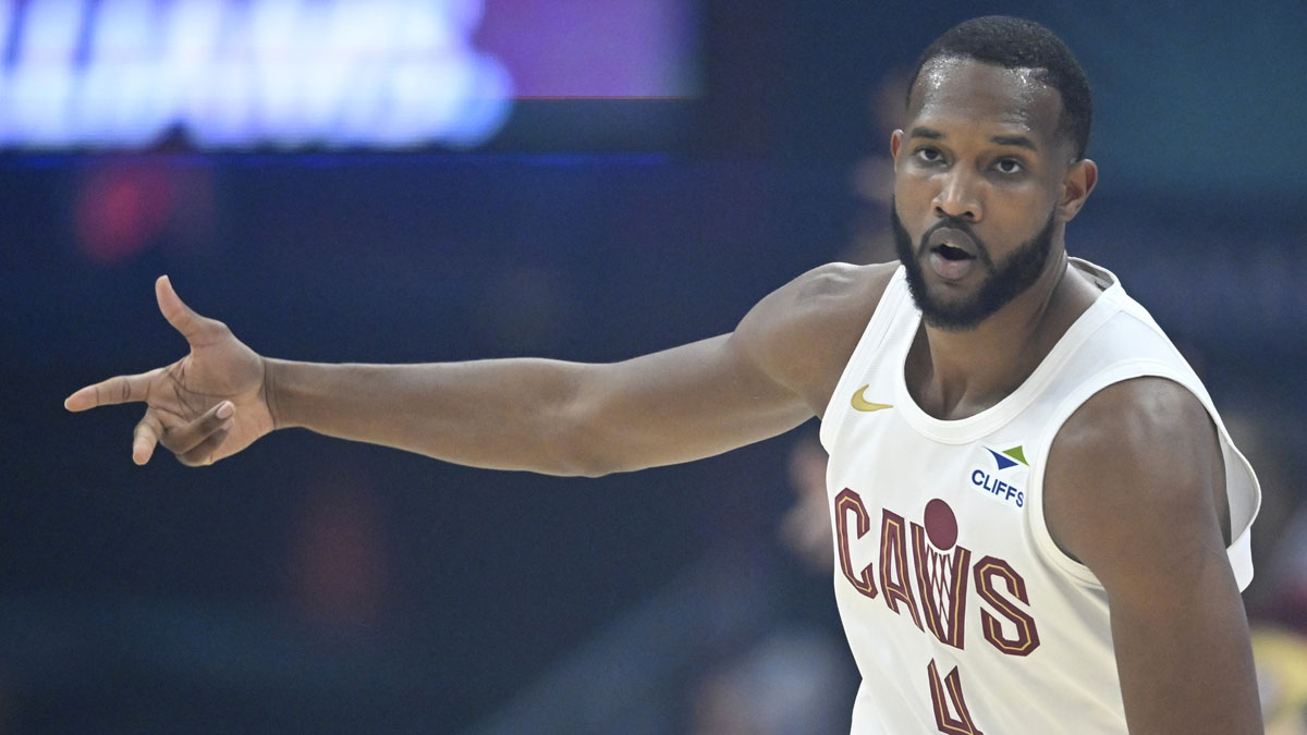 Cleveland Cavaliers forward Evan Mobley (4) celebrates his three-point basket in the first quarter against the Miami Heat at Rocket Arena.