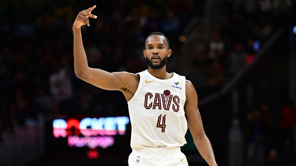 Cleveland Cavaliers forward Evan Mobley (4) celebrates after hitting a three point basket during the second half against the Dallas Mavericks at Rocket Mortgage FieldHouse.