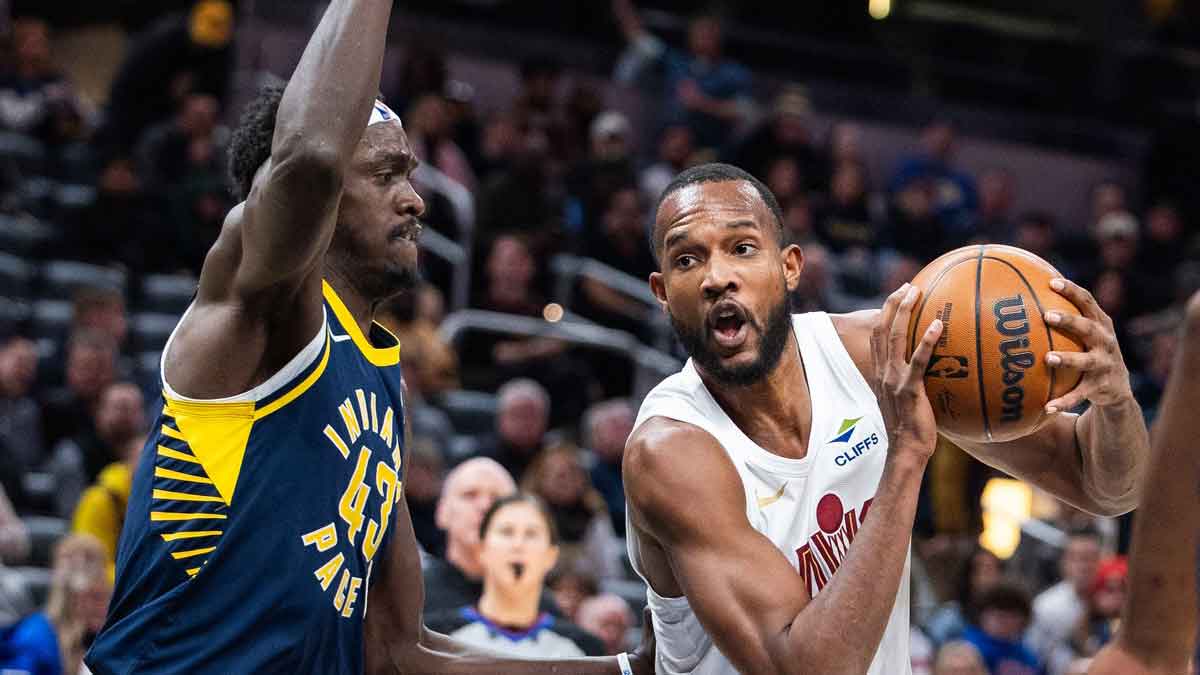 Cleveland Cavaliers forward Evan Mobley (4) shoots the ball while Indiana Pacers forward Pascal Siakam (43) defends in the first half at Gainbridge Fieldhouse.