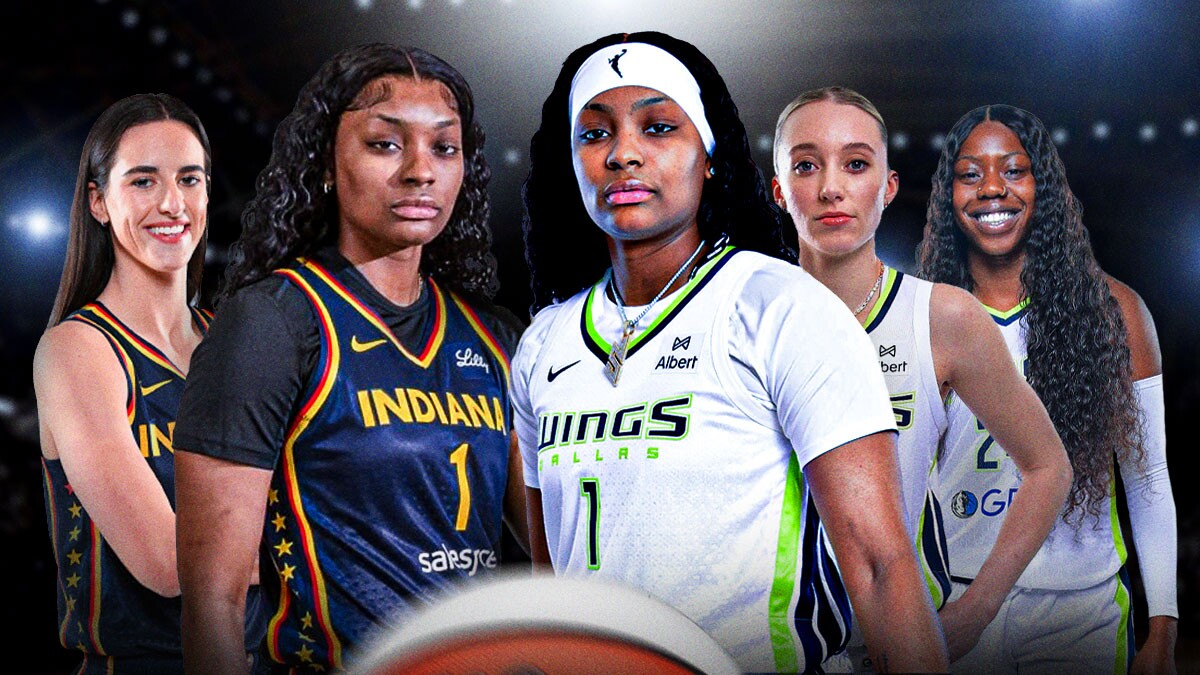 On right, NaLyssa Smith in a Dallas Wings jersey. Wings Paige Bueckers, Wings Arike Ogunbowale next to her, but have Smith in front of them. On left, NaLyssa Smith in an Indiana Fever jersey next to Fever Caitlin Clark. Again, Smith in front.