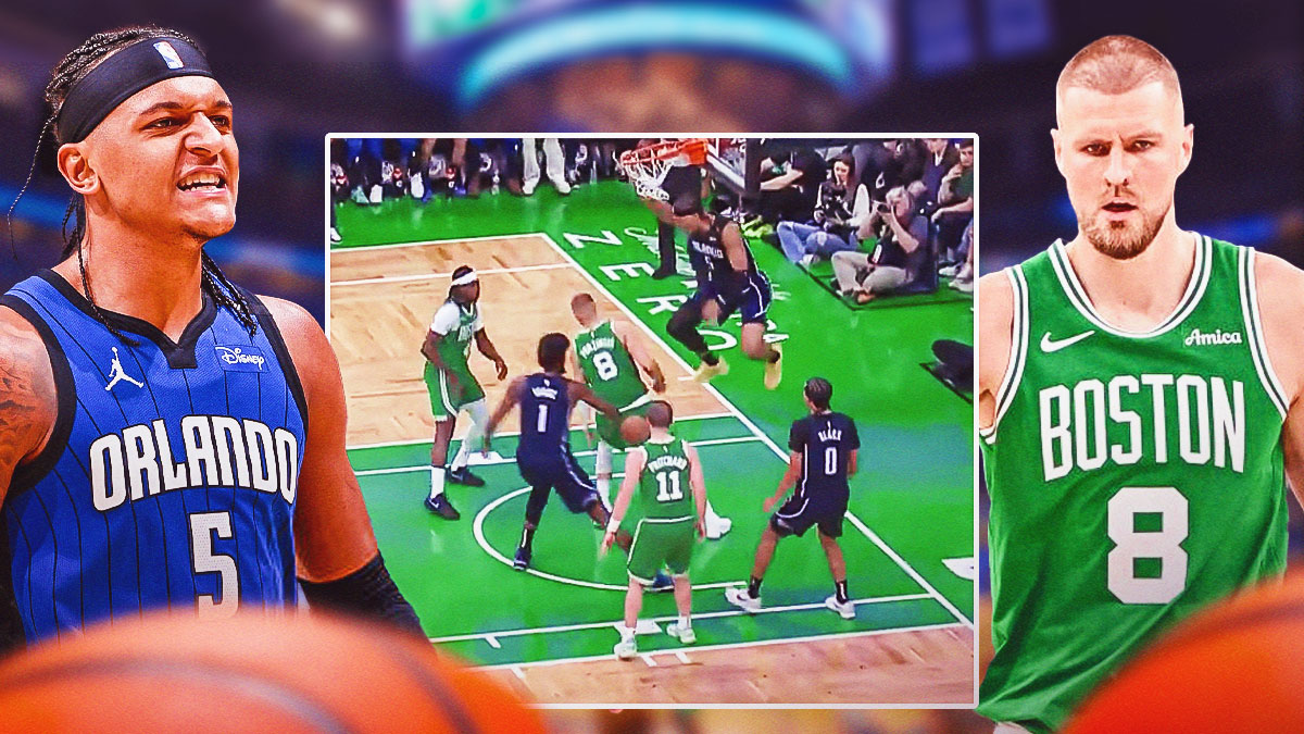 Paolo Banchero, Magic, Celtics, Paolo Banchero dunk, Magic Celtics, This screenshot with Paolo Banchero looking hype on one side, Kristaps Porzingis looking upset/with head down on the other side