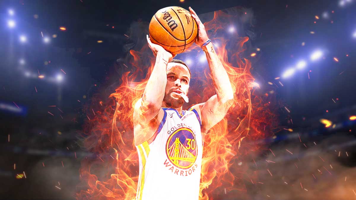 Stephen Curry literally on fire as he shoots a basketball