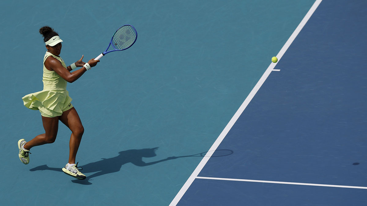 Mar 24, 2025; Miami, FL, USA; Naomi Osaka (JPN) hits a forehand against Jasmine Paolini (ITA)(not pictured) on day seven of the Miami Open at Hard Rock Stadium. Mandatory Credit: Geoff Burke-Imagn Images